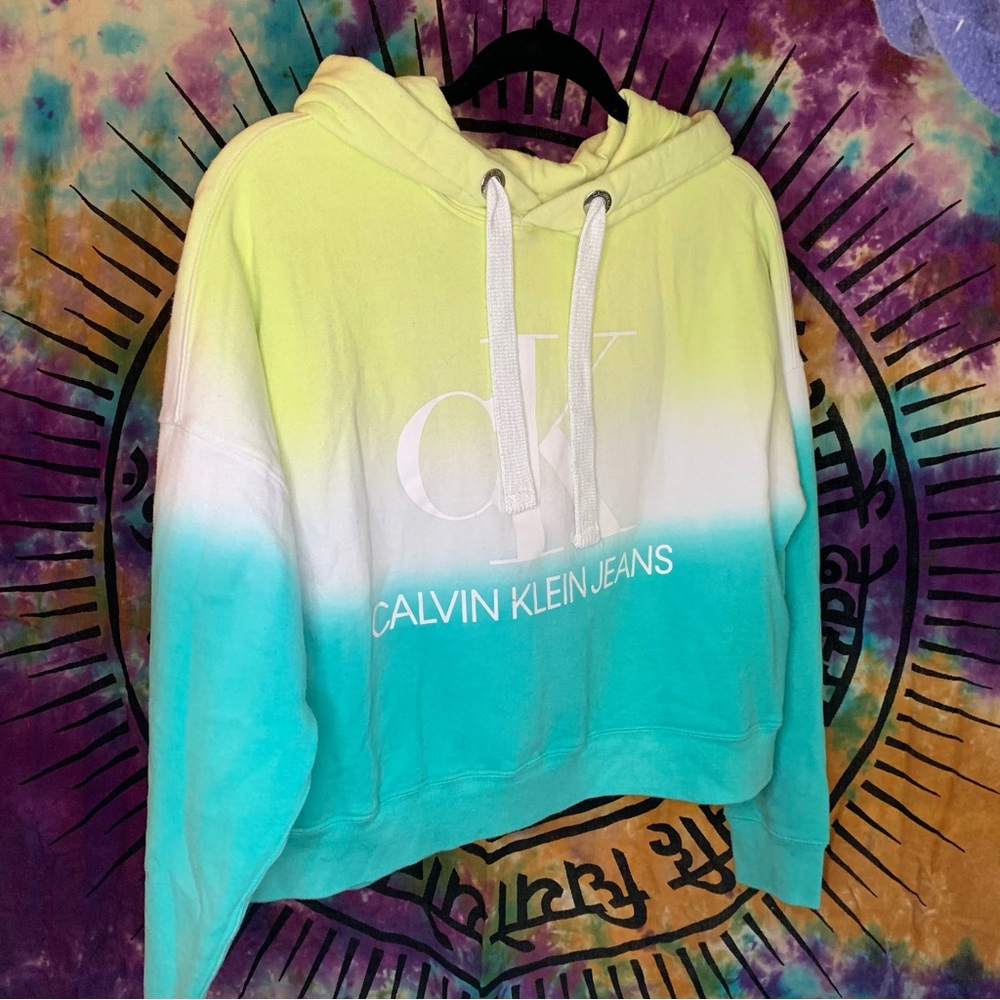 Calvin Klein Jeans Ombre Crop Hoodie 60% Cotton Size S Green/Teal/White - Picture 3 of 11